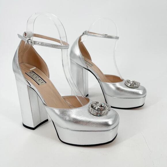 Gucci Silver Metallic Crystal GG Platform Ankle Strap Block Heel Pumps EU 37.5 - Picture 2 of 16